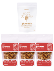 3 Paket Çikolata Çilek Fındık Glutensiz İlave Şekersiz Vegan Granola 100G ve 500G Yulaf Ezmesi Paketi