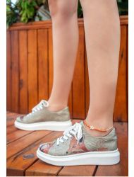 Kadın Vegan Deri Bej Sneakers - Run Little Fox Tasarım