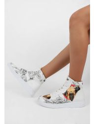 Kadın Vegan Deri Beyaz High Sneakers - Elephants Never Forget Tasarım