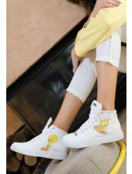 Kadın Vegan Deri Beyaz High Sneakers - Warner Bros Tweety Classic Tasarım