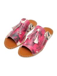 Kadın Vegan Deri Pembe Terlik - Flowers On My Shoes Tasarım