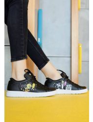 Kadın Vegan Deri Siyah Sneakers - Warner Bros Best of Tweety and Sylvester Tasarım