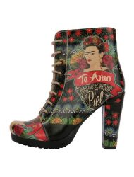 Kadın Vegan Deri Siyah Topuklu Bootie - Te Amo Frida Kahlo Tasarım