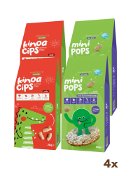 4 Paket 20G Sade Kinoa Cipsi for Kids Sevimli Dinozor ve 30G Mini Pops Karabuğday Patlakları