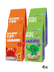 4 Paket 20G Sade Kinoa Cipsi for Kids Neşeli Yengeç ve 30G Mini Pops Karabuğday Patlakları