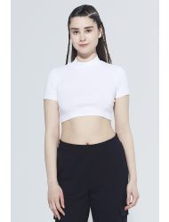 Organik Pamuk Crop T-Shirt, Dik Yaka Ribanalı  - Laura