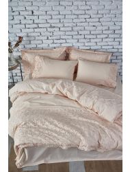 Ecocotton Piraye Battal Boy Nevresim Takımı %100 Organik Pamuk Perkal Brodeli Somon 240x220 Cm